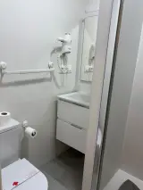 Inodoro con barrera de apoyo y secador de pared en el baño, junto a la puerta de la ducha